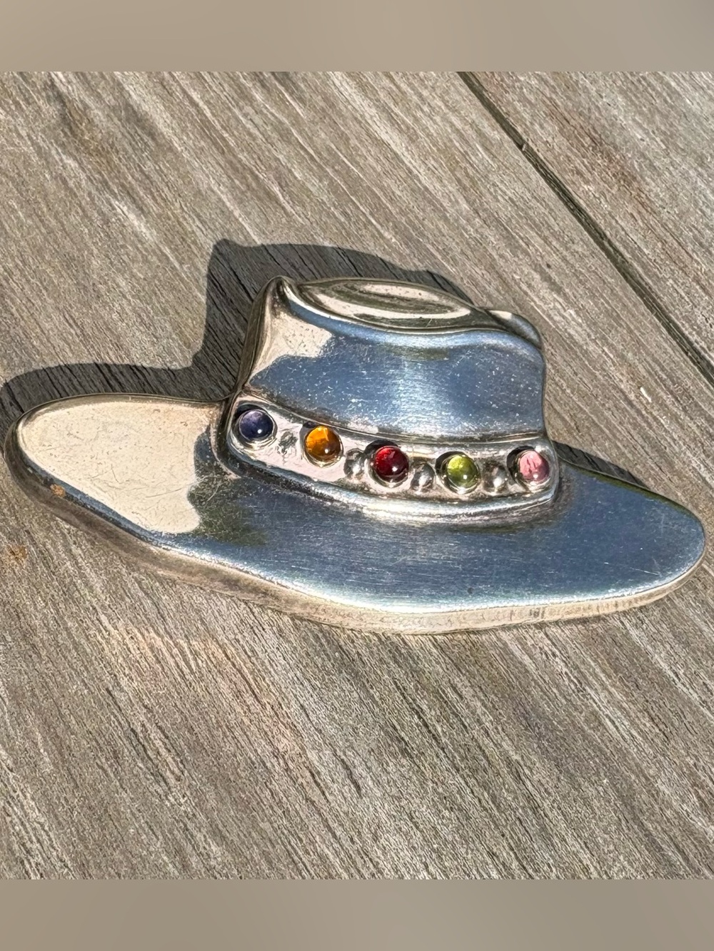 Vintage Cowboy Hat 925 Sterling Silver Brooch with Colorful Gems Hat Band